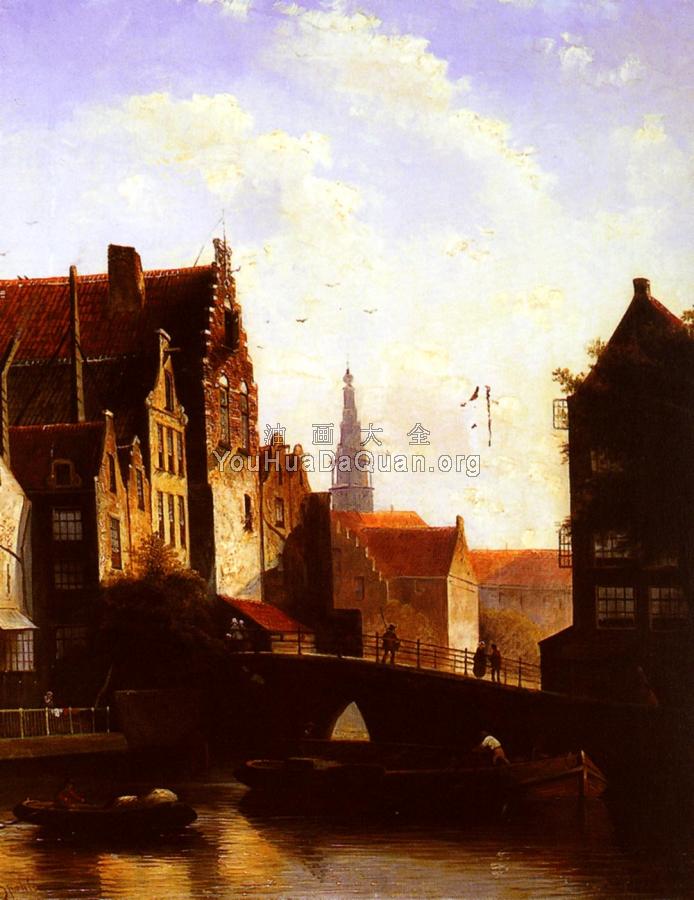 Figures on a bridge in a Dutch Town Part - 扬·雅各布·柯恩拉德·施普勒